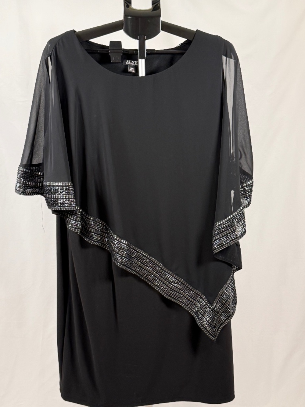 NWT SLNY Black Silver Beaded Overlay Cocktail Dress 16W